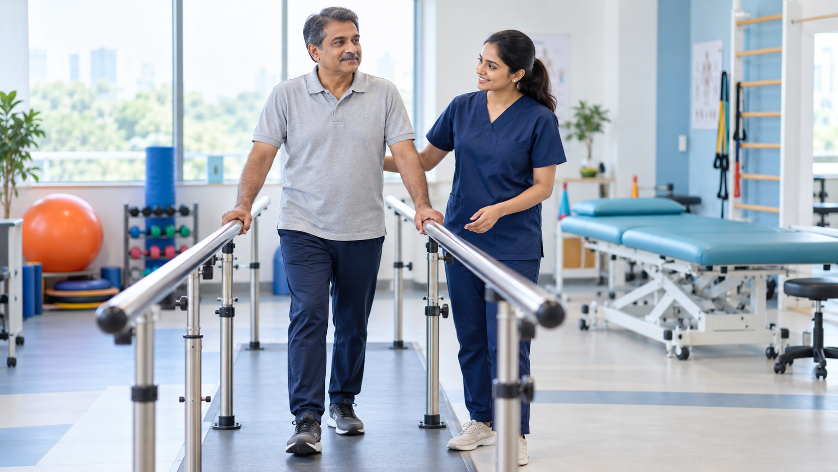 A physiotherapist supporting a patient during a balance training exercise
