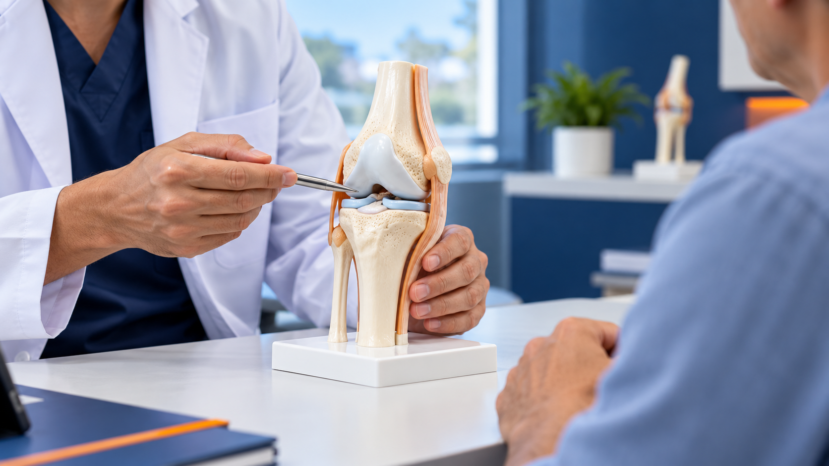 A clinician explaining knee anatomy with a joint model during a consultation