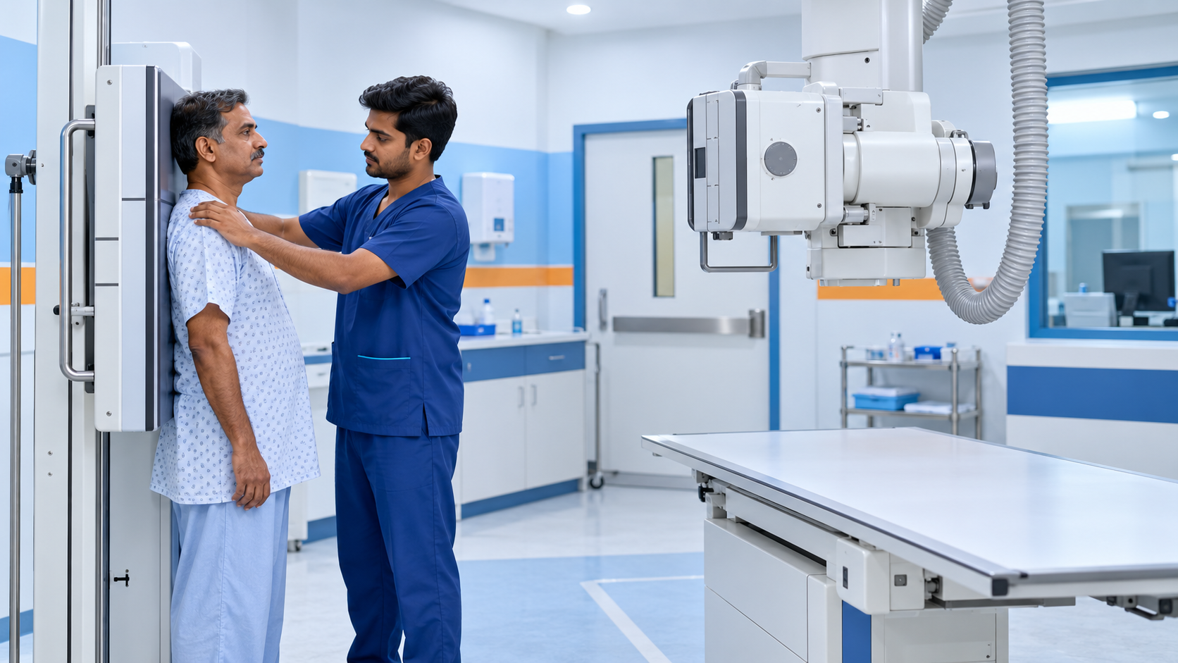 A radiographer positioning a patient beside a digital X-ray detector