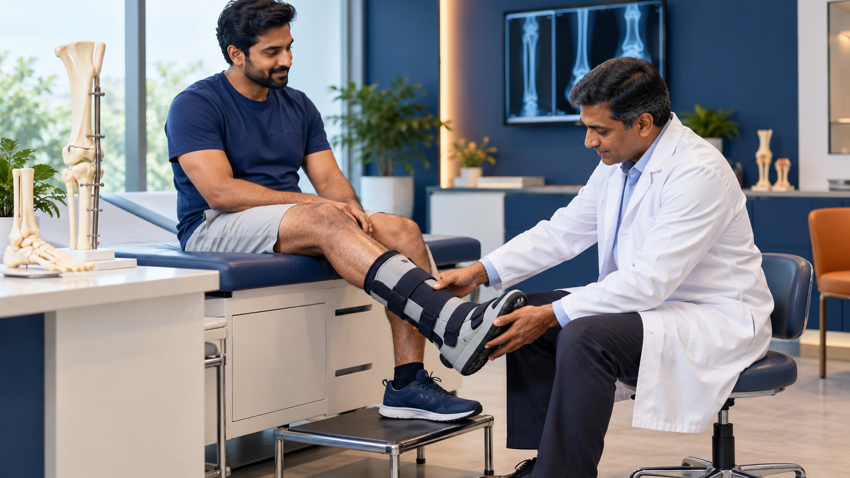 A clinician assessing a patient’s lower leg supported in a walking boot