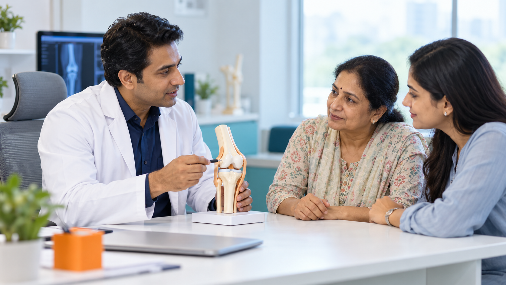 A doctor explaining knee anatomy with a joint model during a consultation