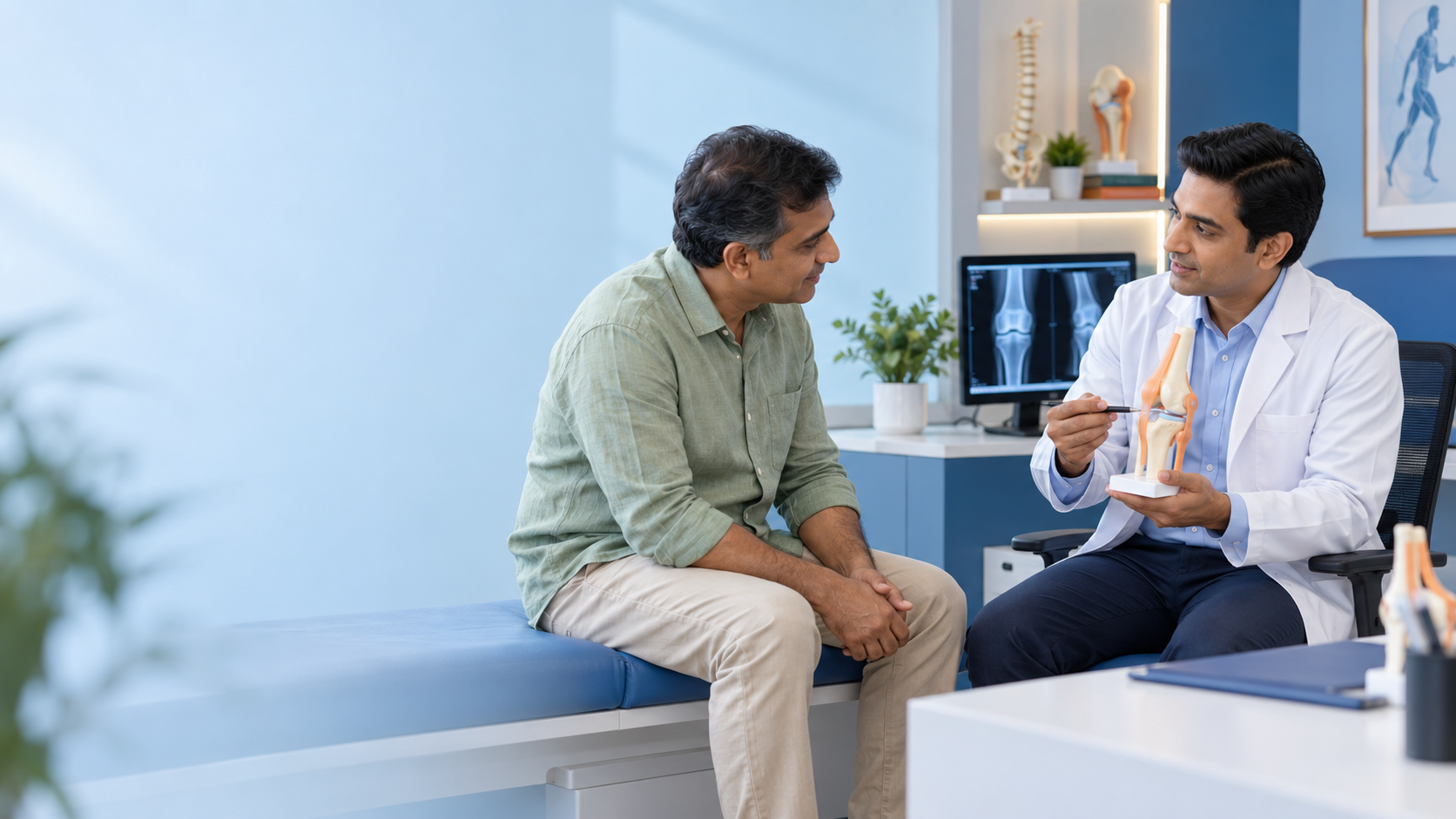 A doctor and patient discussing knee care during a consultation