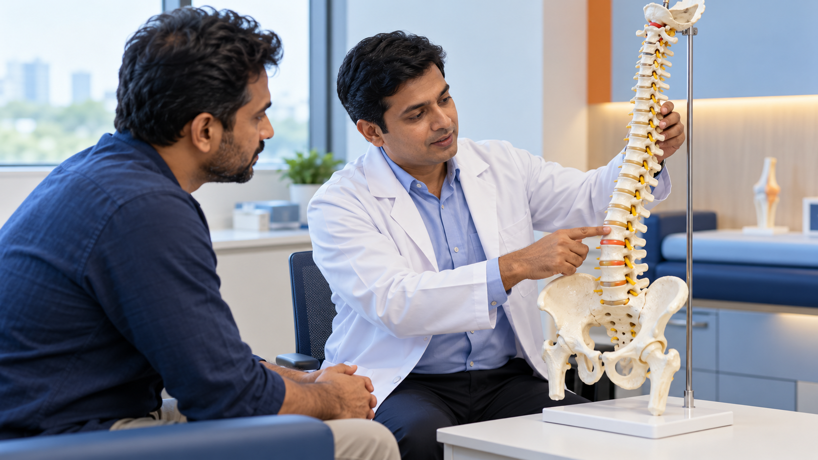 A clinician discussing spine care with a patient using a spine teaching model