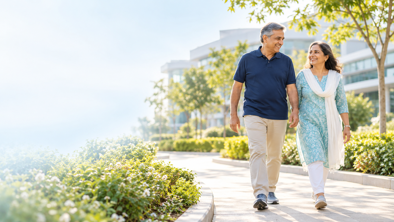 An older couple walking together outdoors